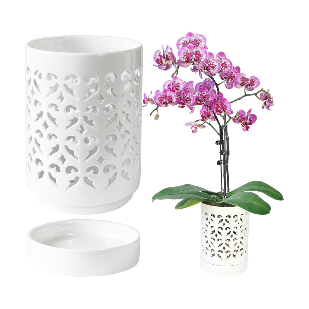 Orchid Pots with Holes,4 Inch Ceramic Orchid Pot for Repotting, Flower Planter Pot Indoor Outdoor, Breathable Slotted Orchids Planter White