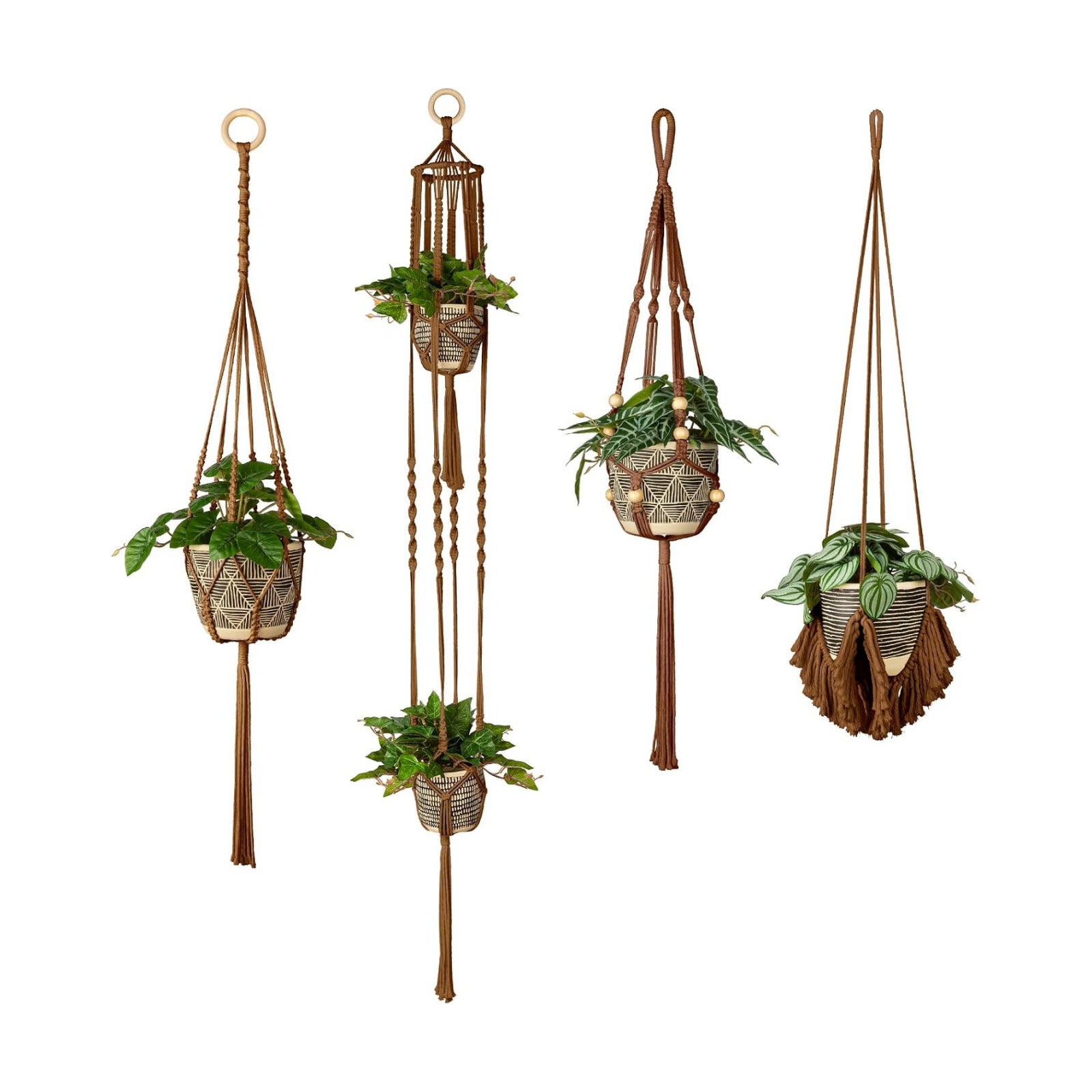 Macrame Plant Hanger Indoor Set of 4, Bohemian Hanging Planter with Tassels | Boho Decorative Houseplant Rope Holder