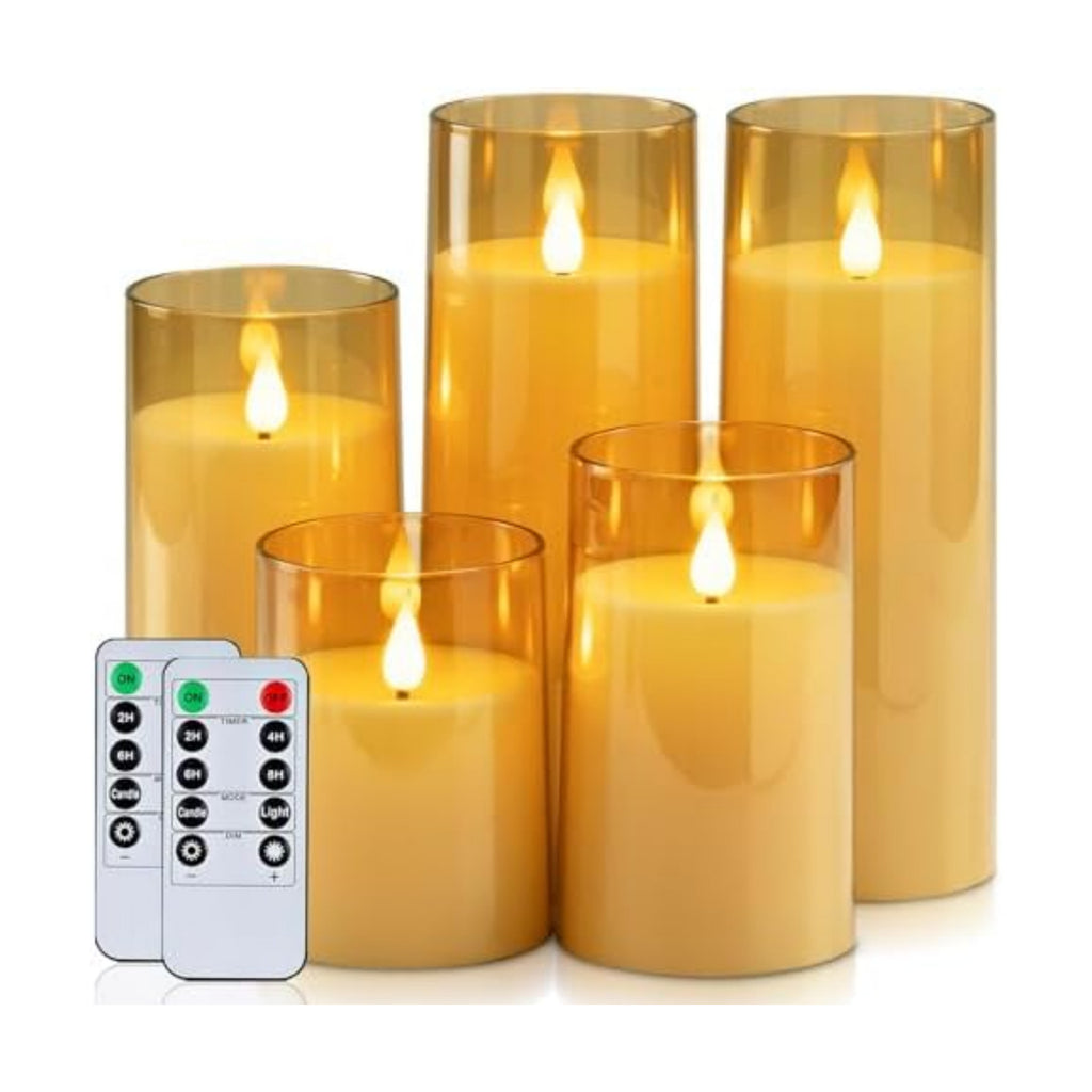 Homemory Amber Flickering Flameless Candles, Battery Operated Acrylic LED Pillar Candles with Remote Control and Timer, Fall Candles, Set of 5