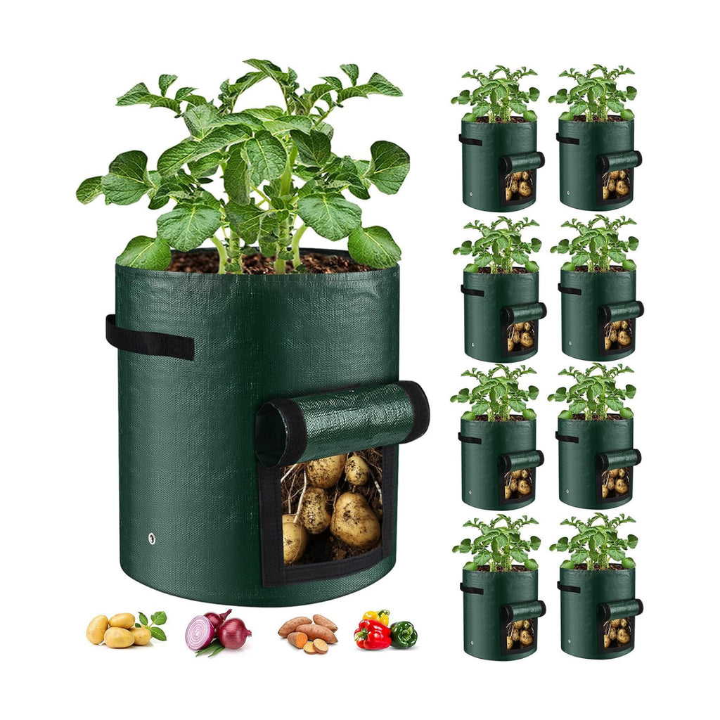 10 Gallon 8-Pack Grow Bags, Durable PE Fabric Pots with Flap and Handles, Green Planter Bags for Potato Vegetables