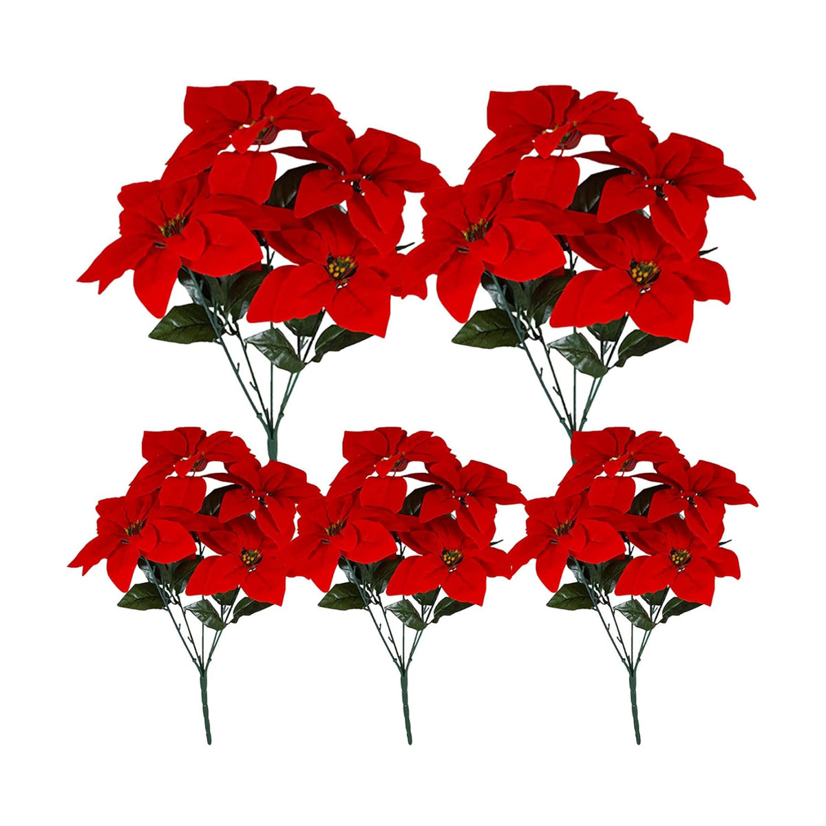 18'' Poinsettias Flowers Artificial Christmas Flowers 5 Packs Silk Red Poinsettia 7 Heads Fake Floral Bouquet with Stem for Indoor Outdoor Christmas Decoration