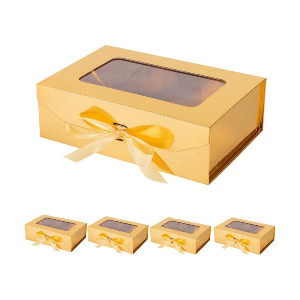 5 Pcs Gold Gift Box for Presents with Ribbon 10.8x7.5x3.5 Inches Clear Gift Box with Window Magnetic Closure Gift Boxes with Lids