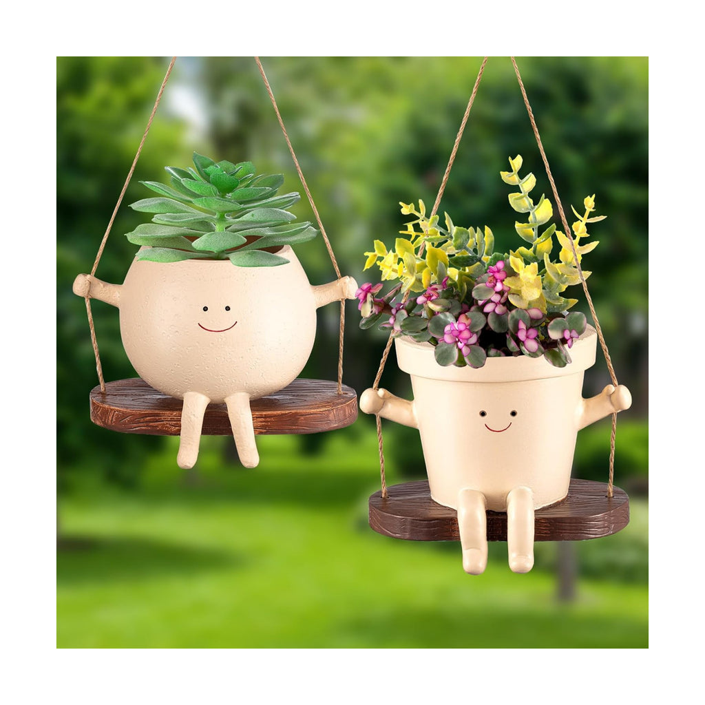 2 Pcs Swing Hanging Planter Cute Smile Flower Face Pot Indoor Outdoor Pots for Succulent String of Pearls Plants Plant