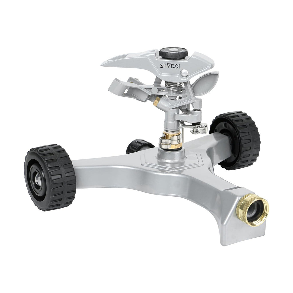 STYDDI Metal Pulsating Sprinkler on in-Series Metal Wheeled Base, Adjustable Circular Water Sprinkler for Medium to