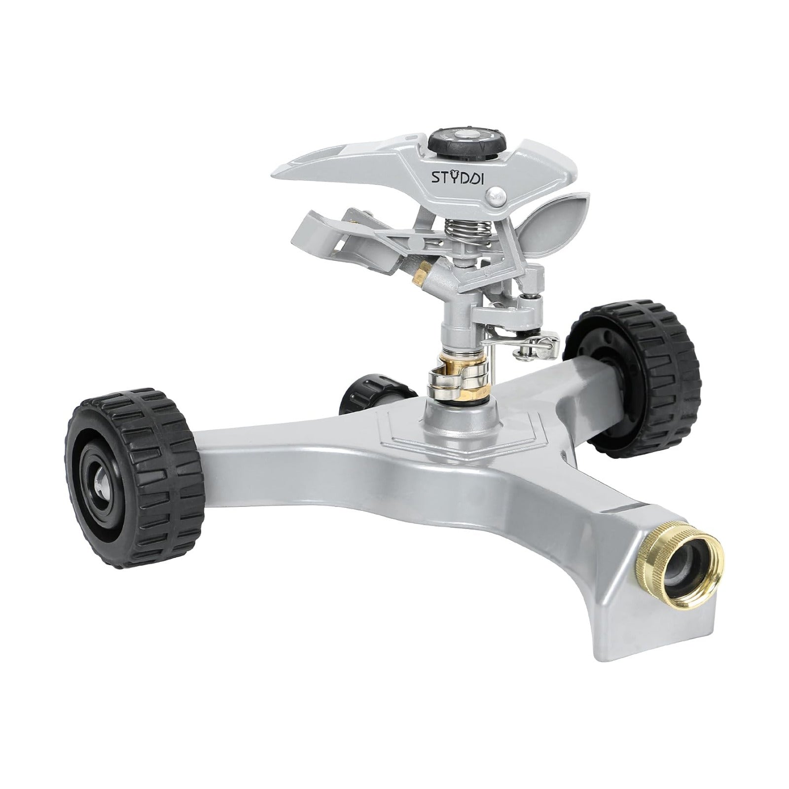 STYDDI Metal Pulsating Sprinkler on in-Series Metal Wheeled Base, Adjustable Circular Water Sprinkler for Medium to