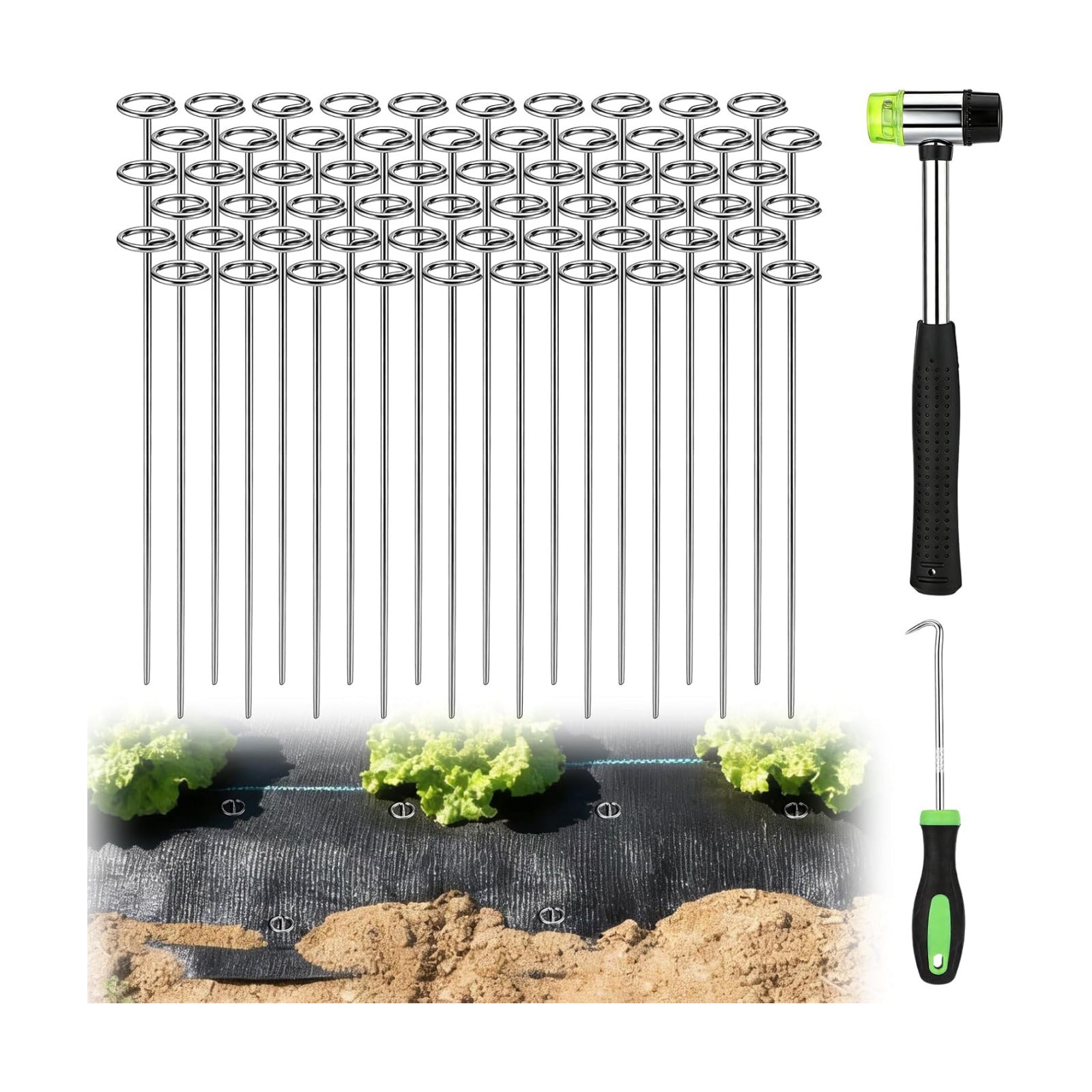 12 Inch Landscape Staples with Hook & Hammer - 60pcs Circle Top Weed Barrier Stakes Kit, 9 Gauge Galvanized