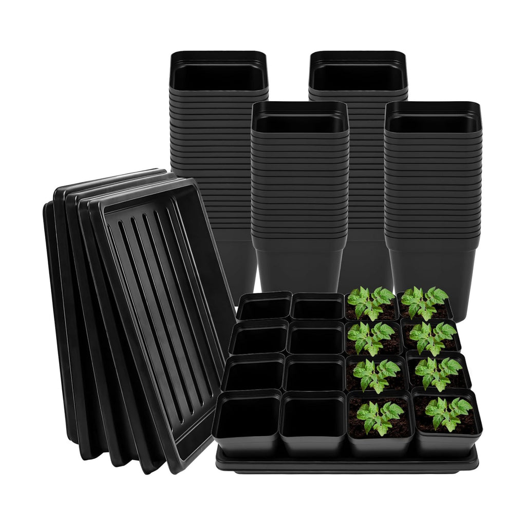 2.6in 100 Pcs Square Nursery Pots with 5 Pcs Plastic Seed Starting Trays | Plant Propagation Starter Kit with Drain