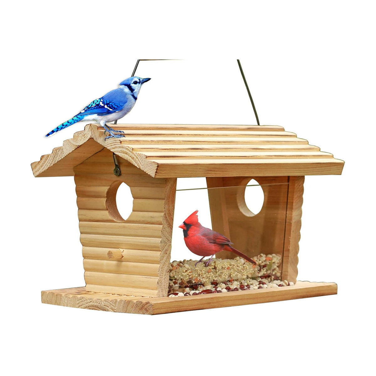 STARSWR Bluebird Feeder Outside,Mealworm Bird Feeder for Outdoors Squirrel Proof Hanging Birdhouse Feeder Wooden Bird House Feeder for Cardinal，Finch