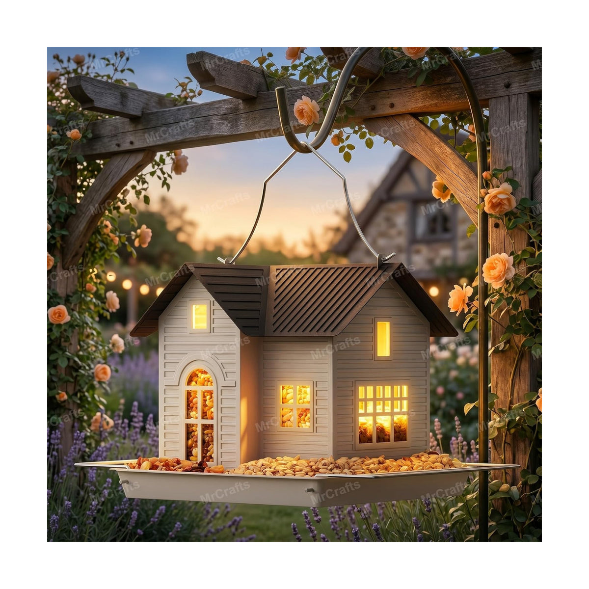 MrCrafts Solar Bird Feeder - Hanging Metal Bird House Feeder with Solar Lights, Outdoor Solar Lantern, Garden Decor for Outside, Unique Gifts for Mom, Grandma, Christmas