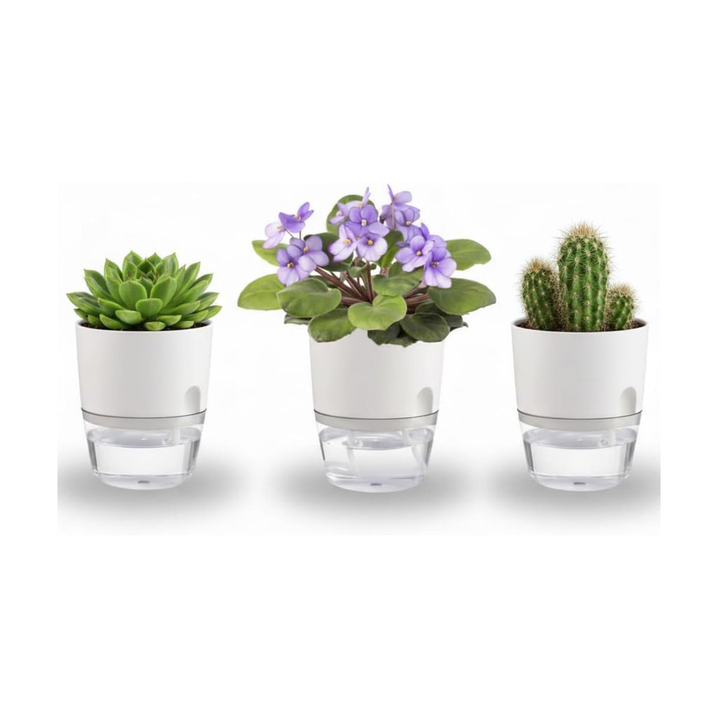 3.2 Inch Self Watering Planters 3 Pack Plastic Wicking Pots White