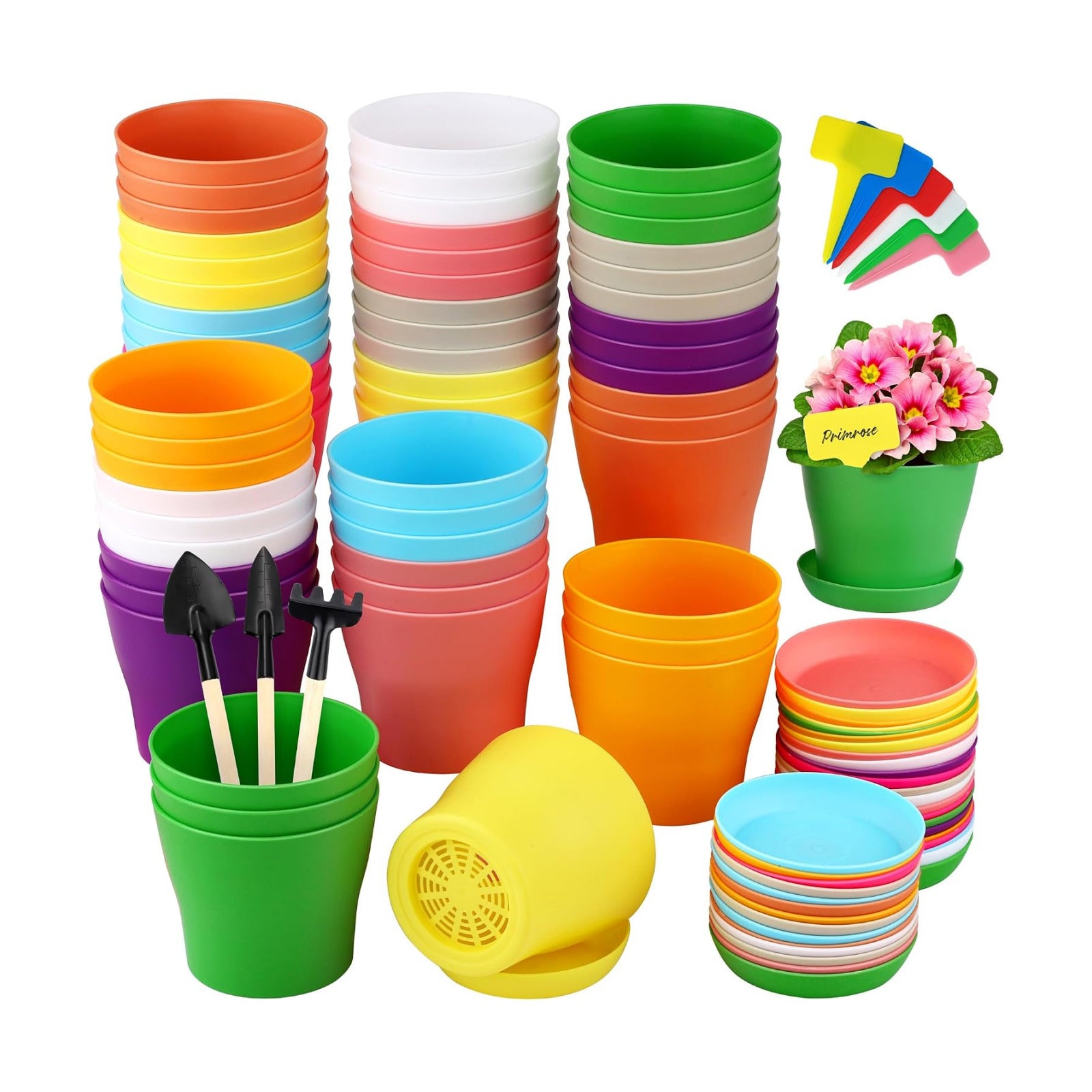 Hahood 60 Pieces Plastic Planters 4 Inch Flower Pot with Trays Labels Multicolor Flower Plant Pots Plants Nursery Pots