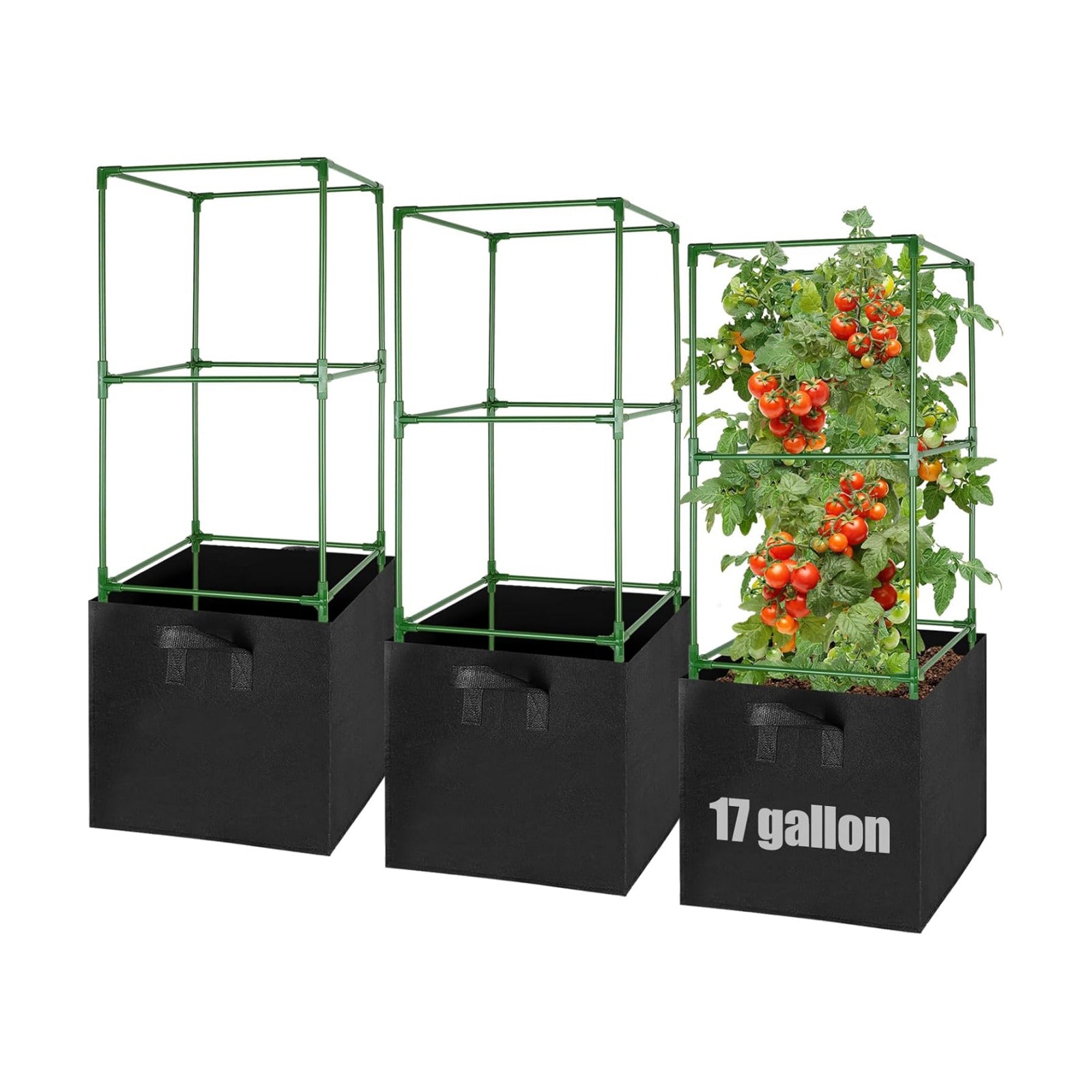 ANPHSIN Sturdy Square Tomato Cage with Movable 17 Gal Grow Bags, 3 Sets | 46'' Plants Garden Trellis Planter, Support
