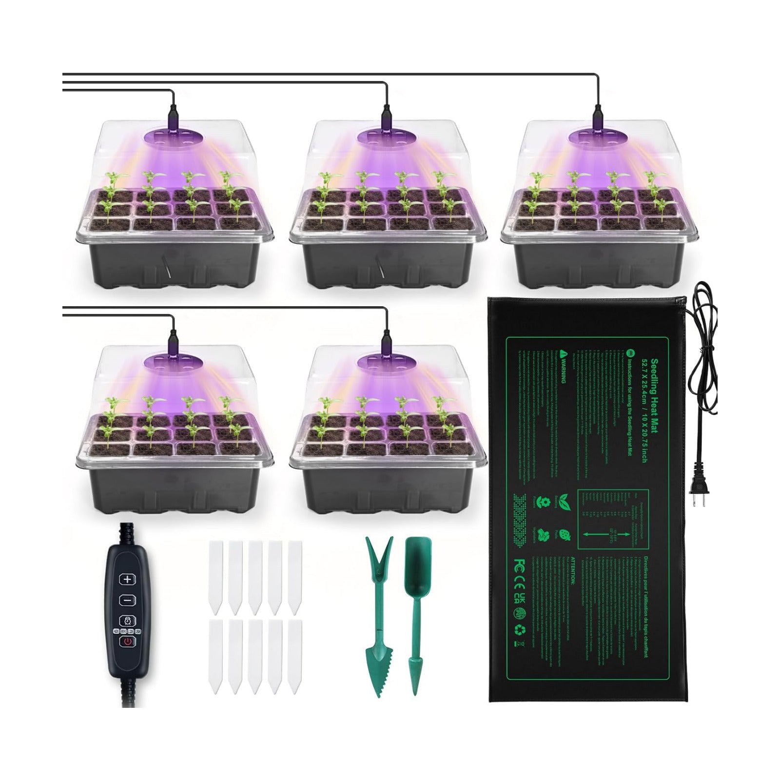 NAMOTEK 5 Pack Seed Starter Tray with Heat Mat and Grow Light Humidity Domes, 60 Cell Trays Germination Station Cloning