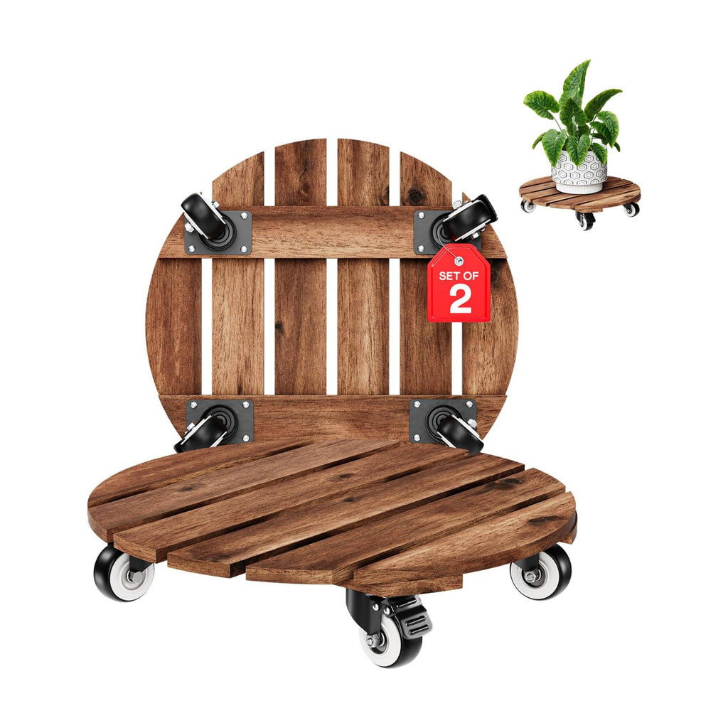 2pack Wood Plant Caddy With Wheels Heavy Duty Red Brown, 264 Lbs Capacity, 12 Inch Acacia Hardwood Plant Roller, Plant