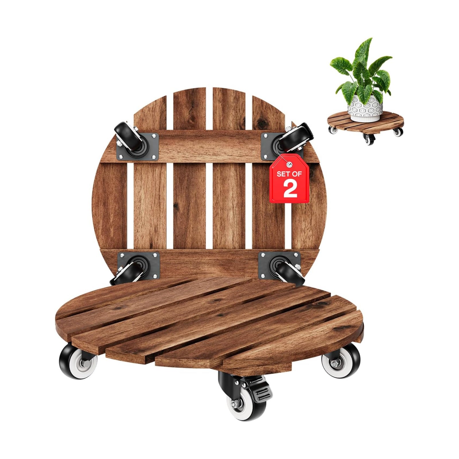 2pack Wood Plant Caddy With Wheels Heavy Duty Red Brown, 264 Lbs Capacity, 12 Inch Acacia Hardwood Plant Roller, Plant