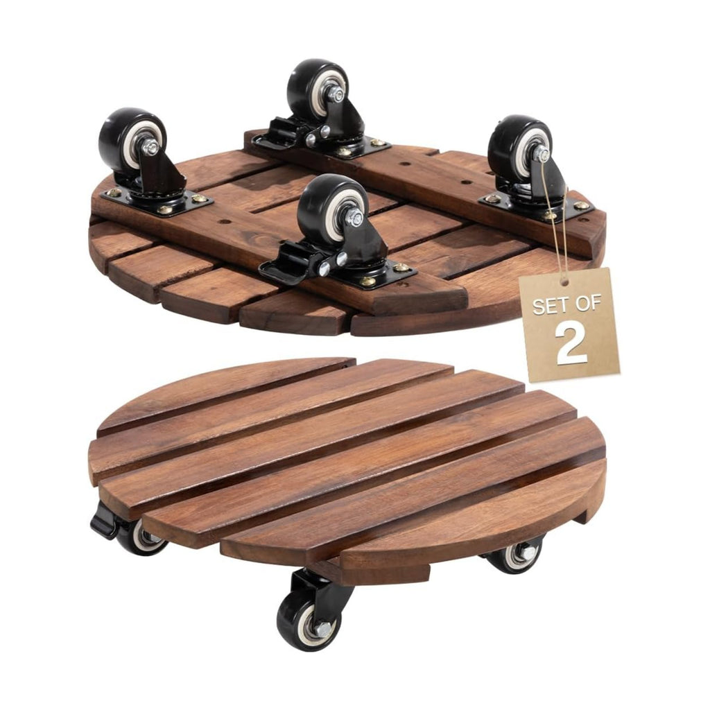 2-Pack 14 Inch Acacia Wood Plant Caddy with Wheels – Heavy-Duty Plant Dolly with 264 Lbs Capacity, 360° Lockable Wheels