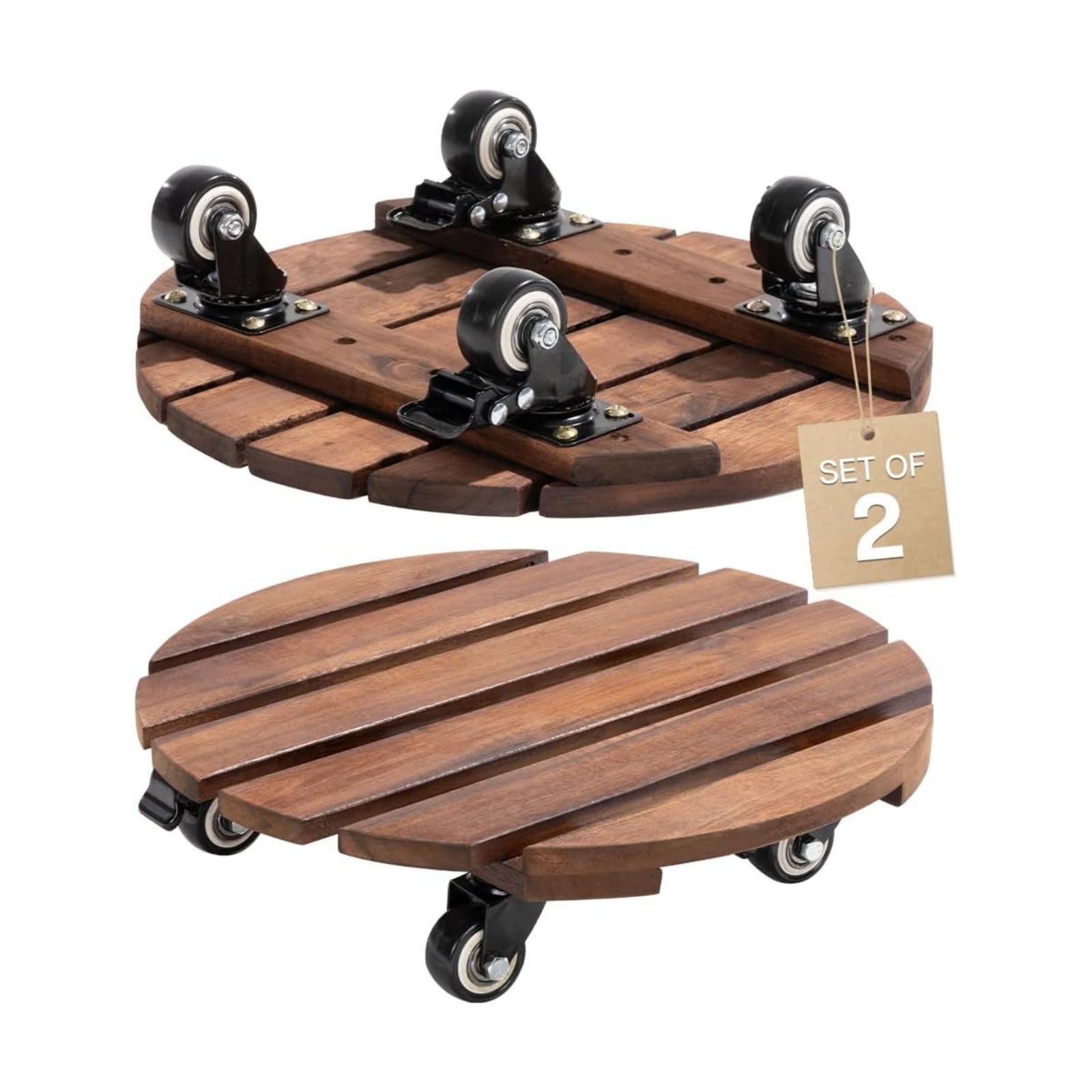 2-Pack 14 Inch Acacia Wood Plant Caddy with Wheels – Heavy-Duty Plant Dolly with 264 Lbs Capacity, 360° Lockable Wheels