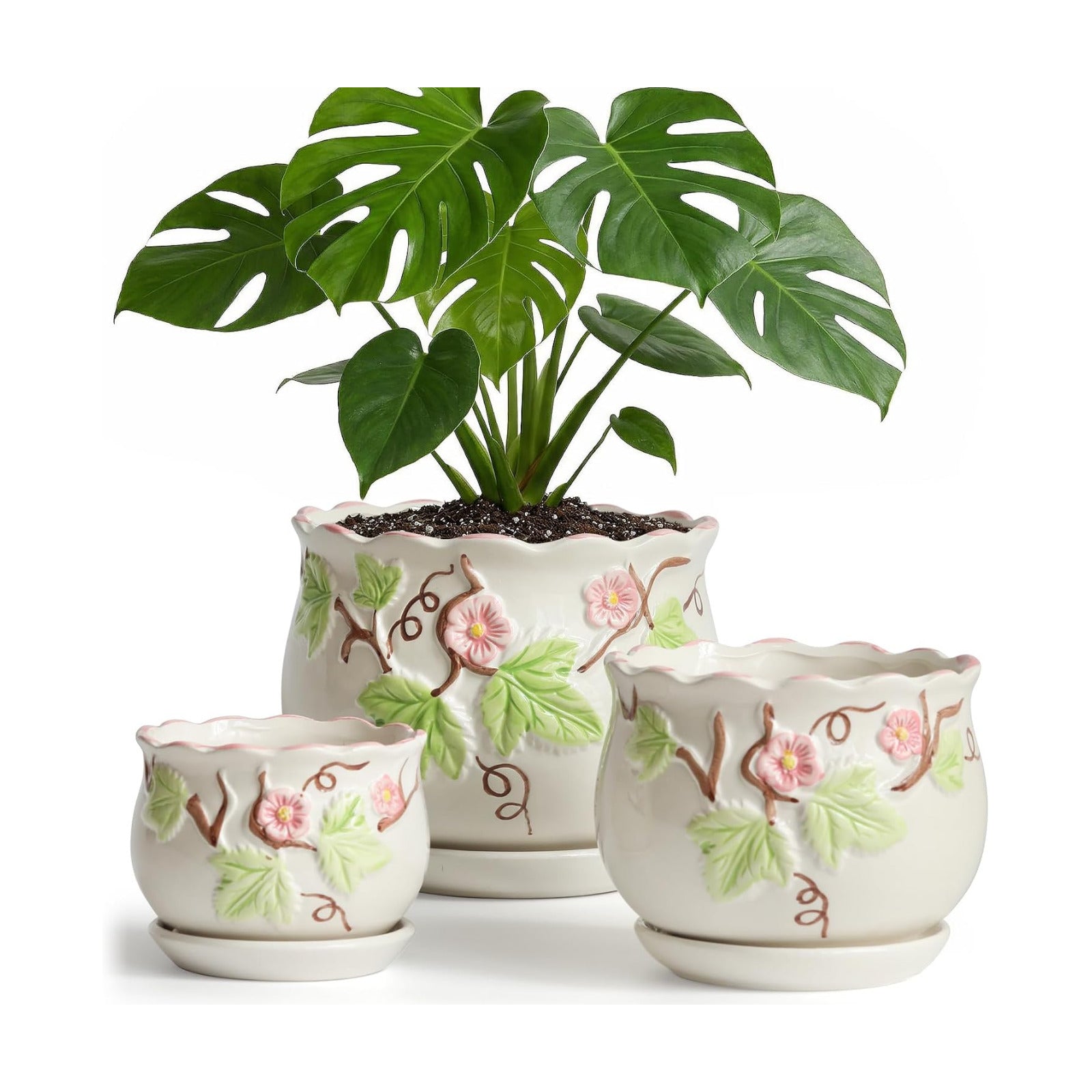 Ceramic Plant Pots with Drainage Holes and Saucers, Small Planters Set of 3 | Round Hand-painted Green Flower Pots for