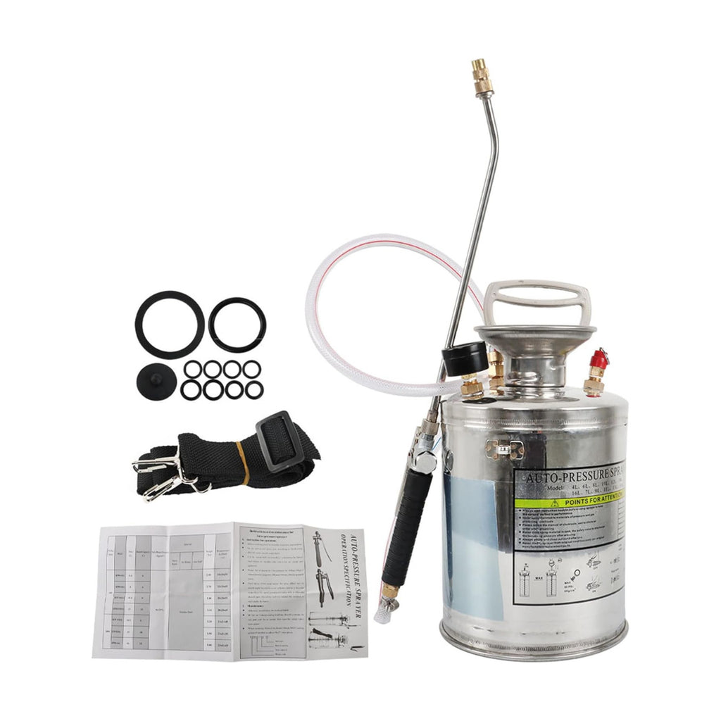 1 Gallon Stainless Steel Sprayer, 12 Wand & 3FT Reinforced Hose, Heavy Duty Hand Pump Sprayer with Pressure Gauge