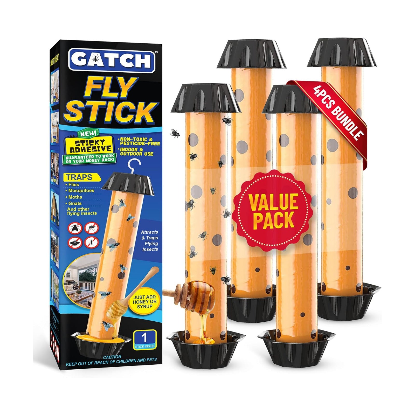 GATCH Fruit Fly Trap (4 Pack), Fly Stick for Mosquitoes, Sticky Trap for Flies Gnats Wasp Flying Insects, Bug Catcher