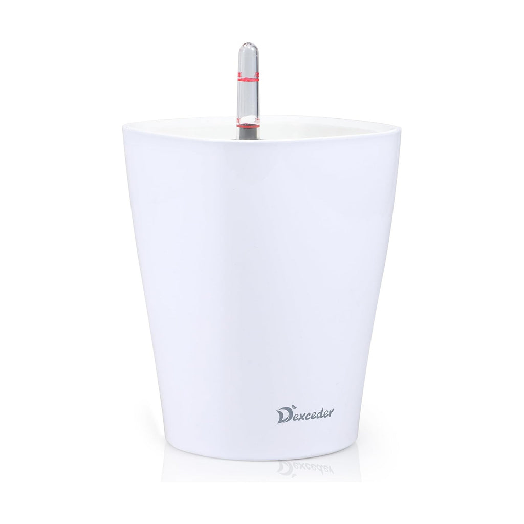Dexceder 6x7 Self Watering Planter (White) | High Gloss Table Flower Plant Pot with Water Level Indicator Indoor Outdoor
