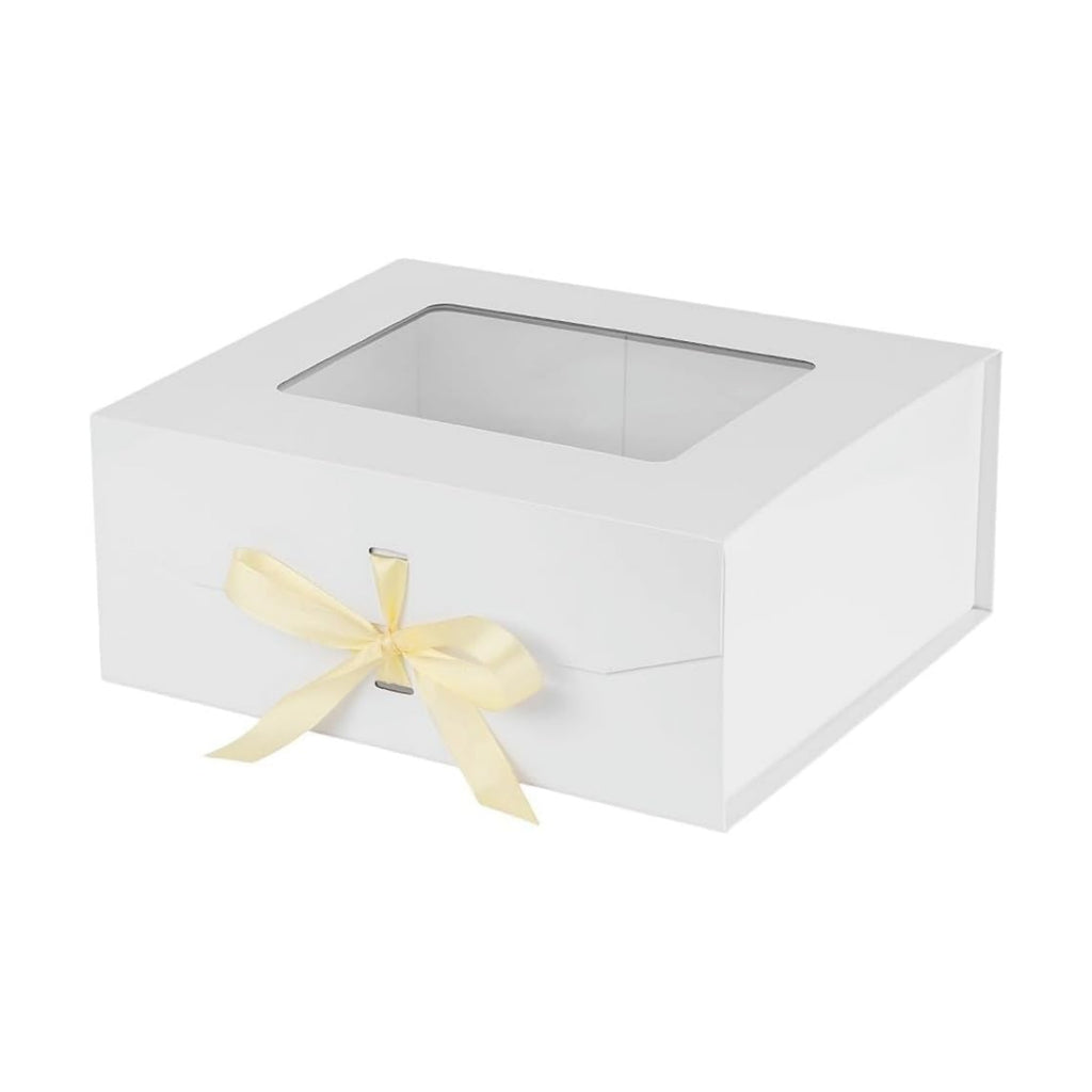 White Gift Box for Presents with Ribbon 13.2x11x5.3 Inches Clear Gift Box with Window Magnetic Closure Gift Boxes with Lids