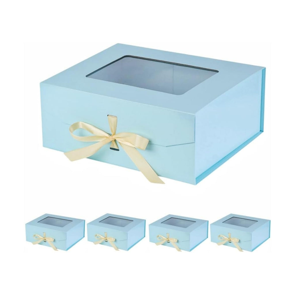 5 Pcs Blue Gift Box for Presents with Ribbon 13.2x11x5.3 Inches Clear Gift Box with Window Magnetic Closure Gift Boxes with Lids