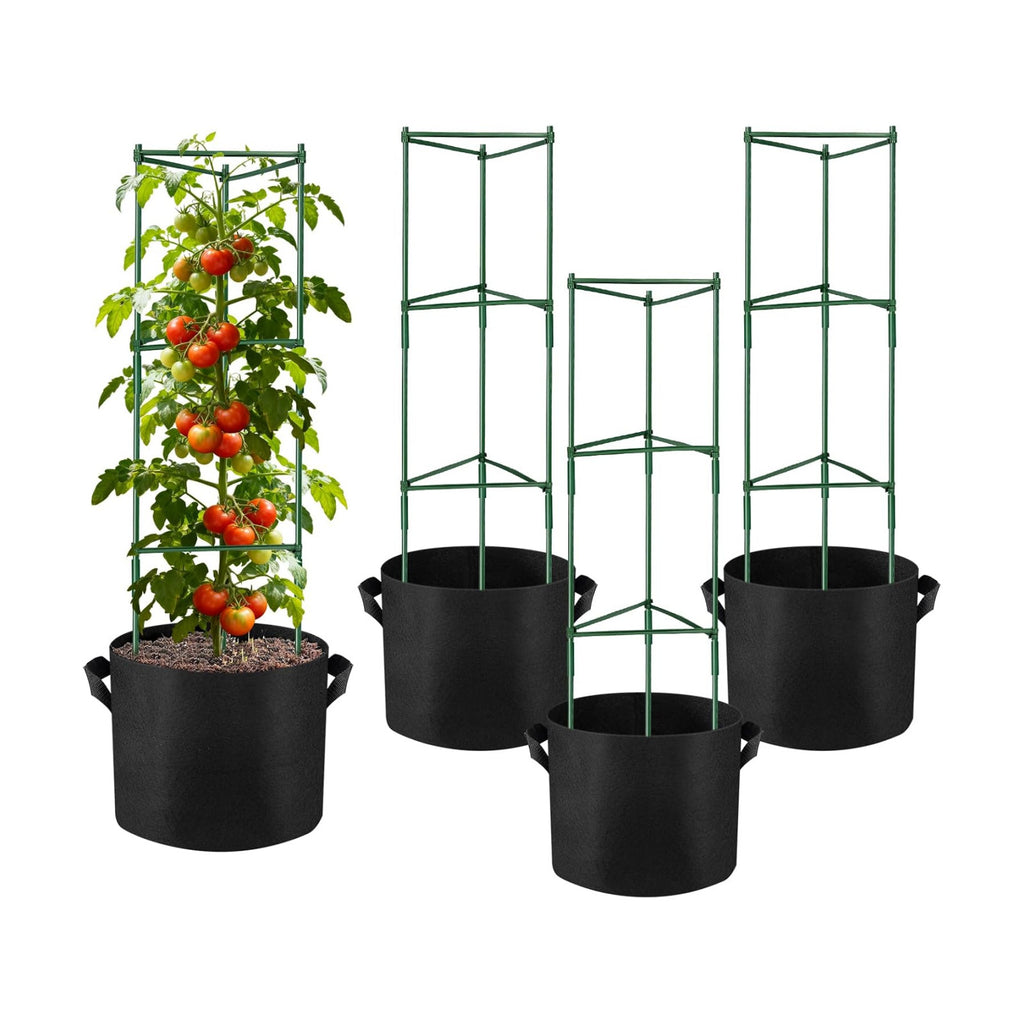 4 Pack 48 Inch Tomato Cages with 10 Gallon Grow Bags for Plant Support | Garden Trellis and Grow Bag Set for Tomatoes