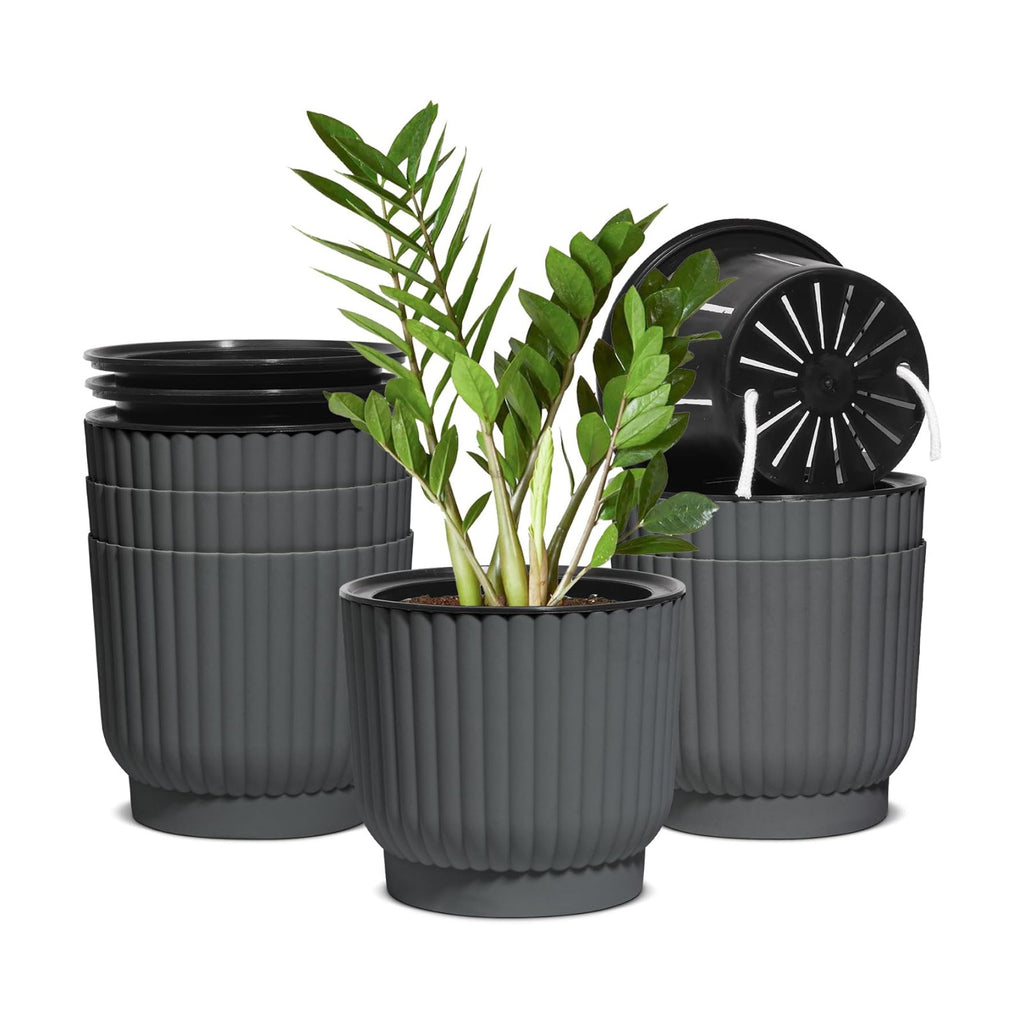 T4U Self Watering Pots for Indoor Plants, 6 Inch 6 Pack Planter Gray