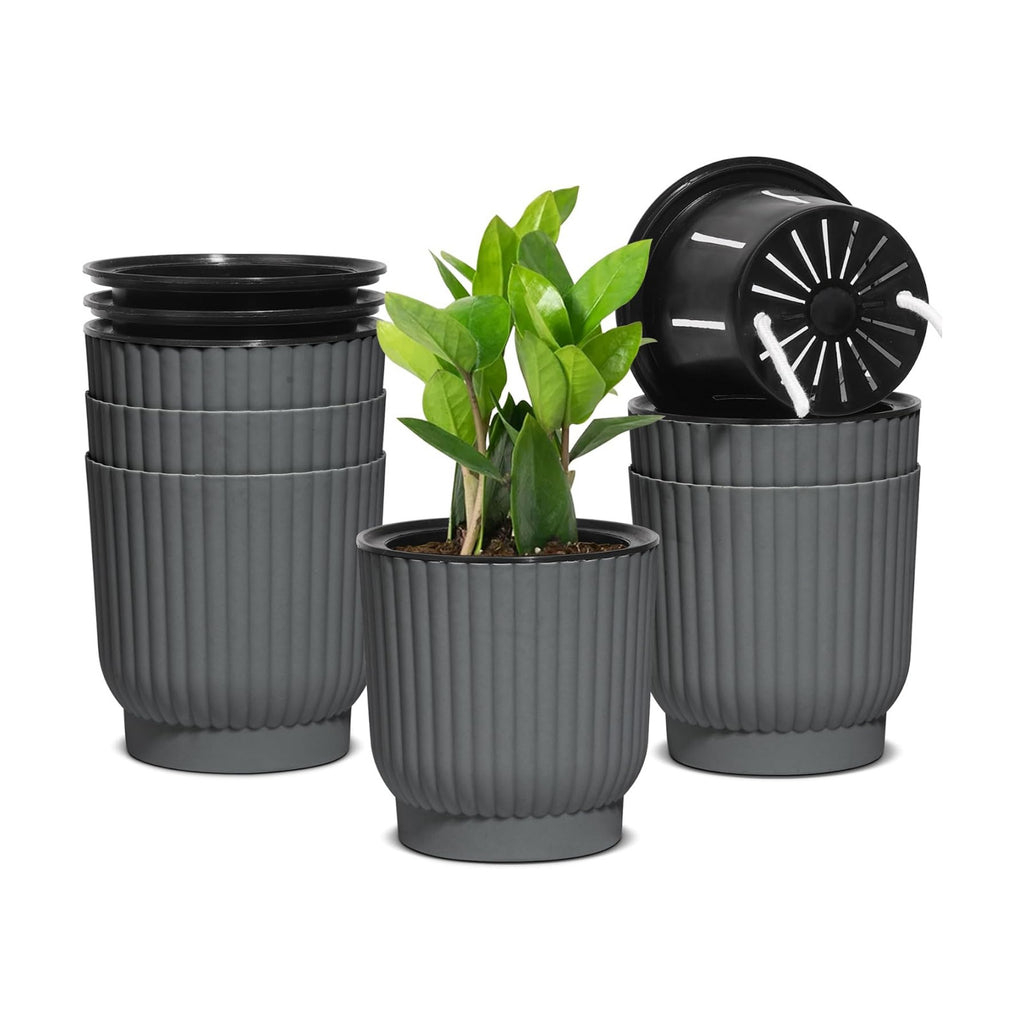 T4U Self Watering Pots for Indoor Plants, 4.5 Inch 6 Pack Planter Gray