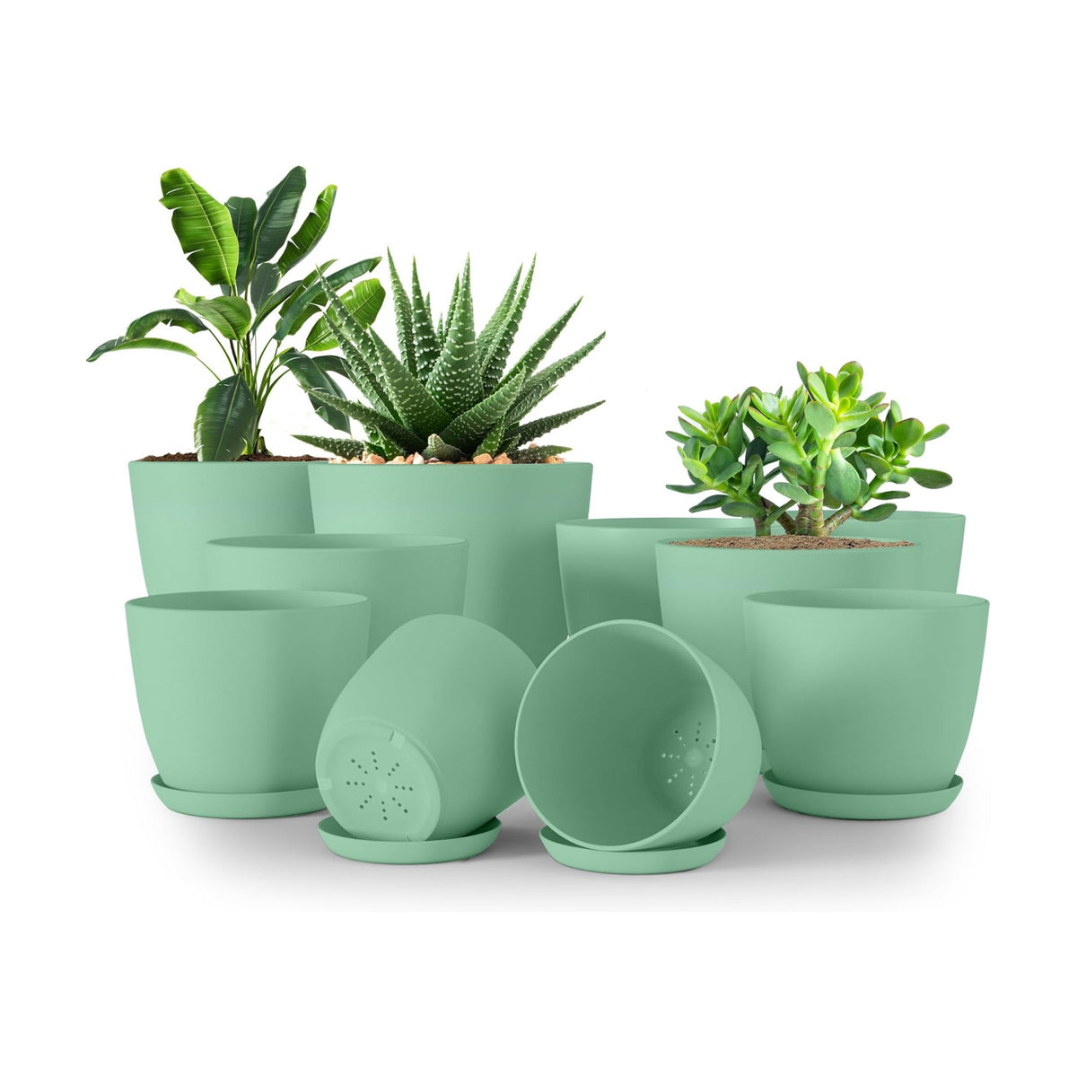 Plant Pots Indoor with Drainage, 10 Pack Multi-Size Planters Set, Mint