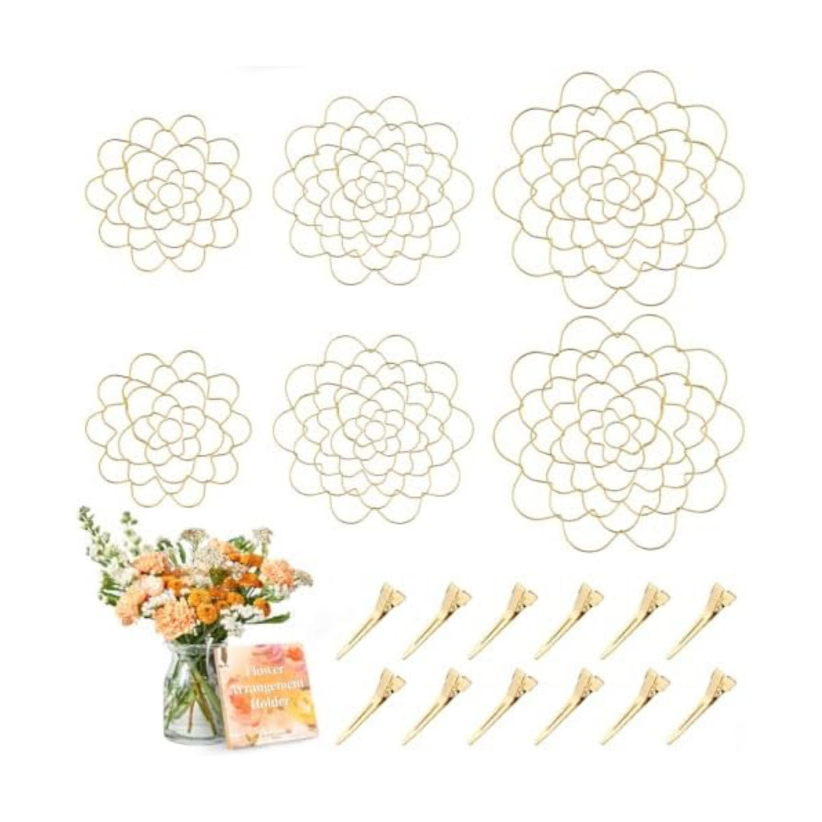 Flower Arranger Holder, Floral Arrangement Holder Bouquet Twister Reusable Gold Stainless Steel Round Metal Flower Lid Supplies for Plant Fixation (6 Pieces)