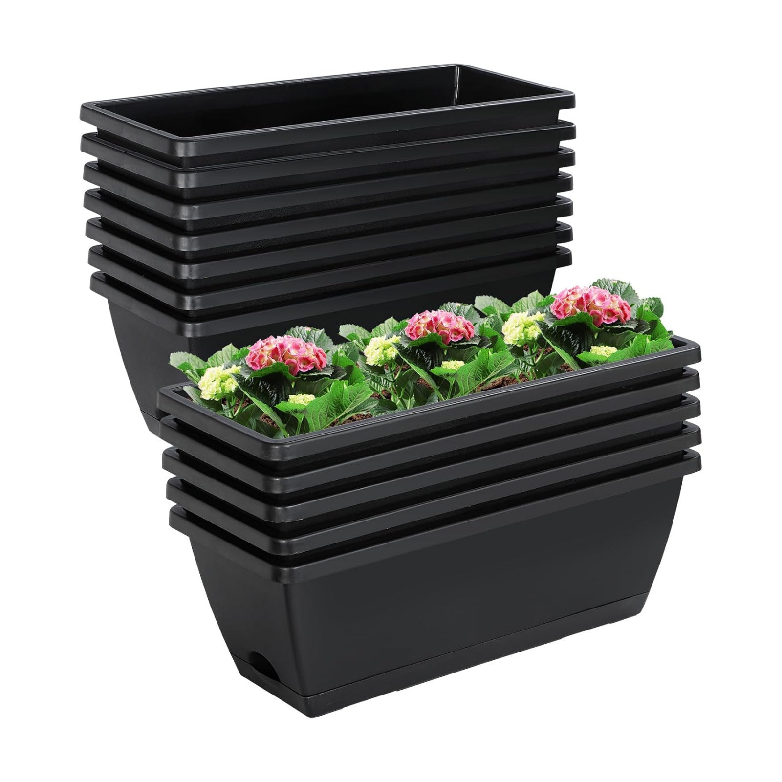 12Pcs 17Inches Rectangle Planter Box with Drainage Holes and Trays | Plastic Planters Flower Boxes Pots for Indoor