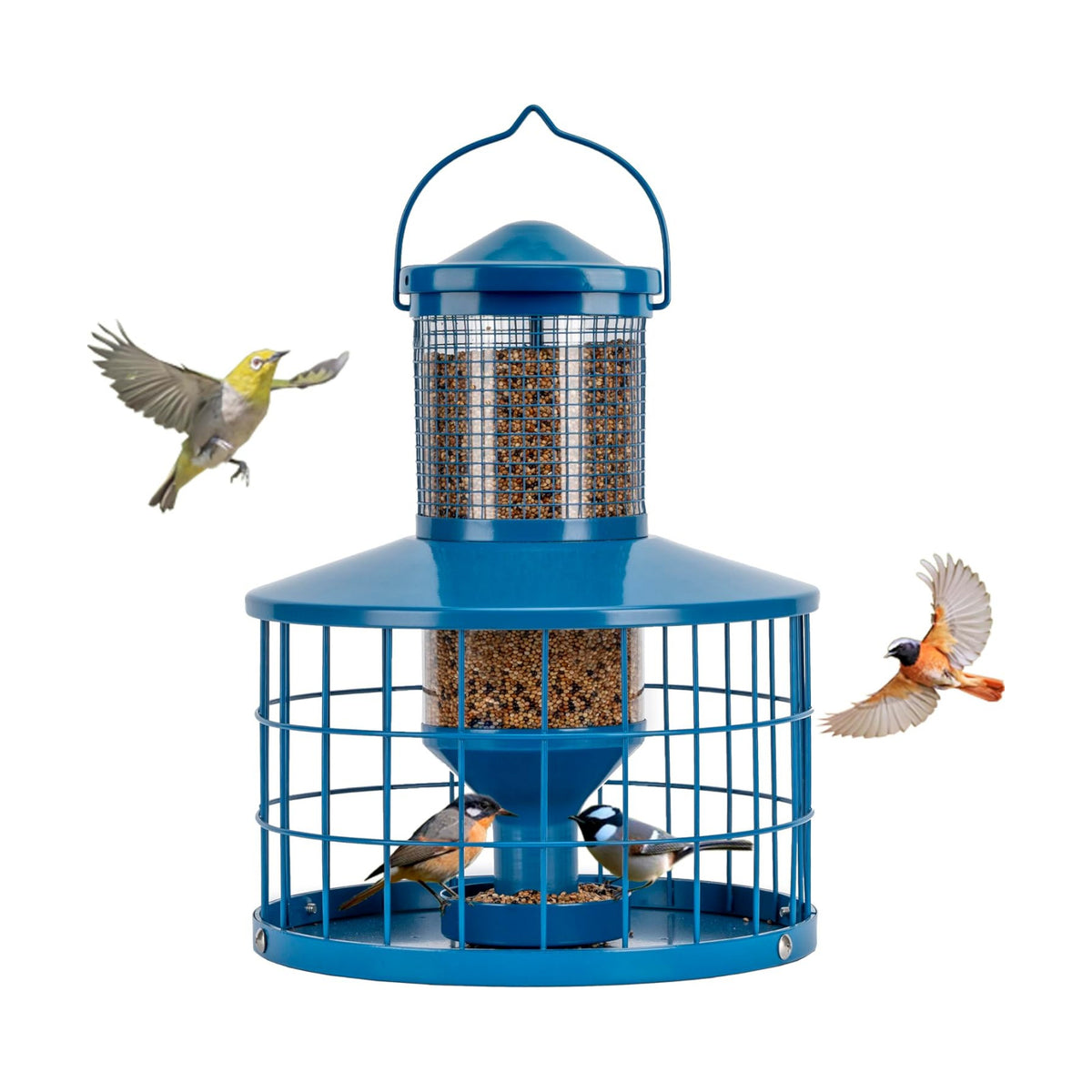 Caged Bird Feeders Squirrel-Proof, Metal, 2.8 Lbs Capacity-Cage Tube Seed Feeders with Tray Outdoor Hanging, Attract Birds,Detachable Cleaning, Starling Proof Wild Bird Feeder（Blue）