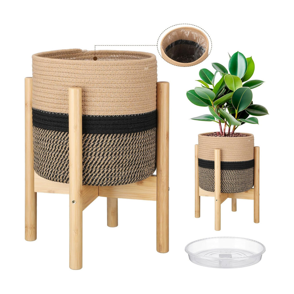 Plant Basket with Stand,10 Inch,Black and Beige Stripes