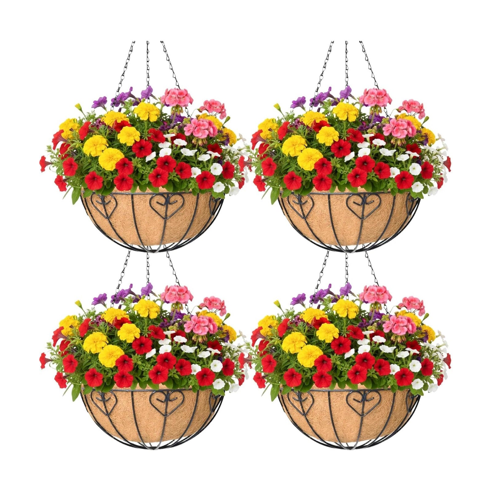 4 Pack 14 Inch Hanging Metal Planters for Outdoor Plants, Modern Black Solid Rectangular Hanging Baskets with Coco Coir