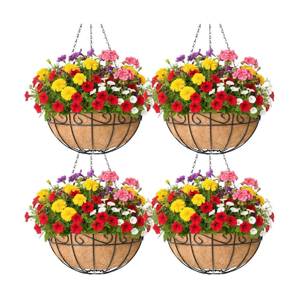 4 Pack 14 Inch Hanging Baskets for Plants Outdoor Metal Hanging Planter Basket with Coco Coir Liner Hanging Flower Pots