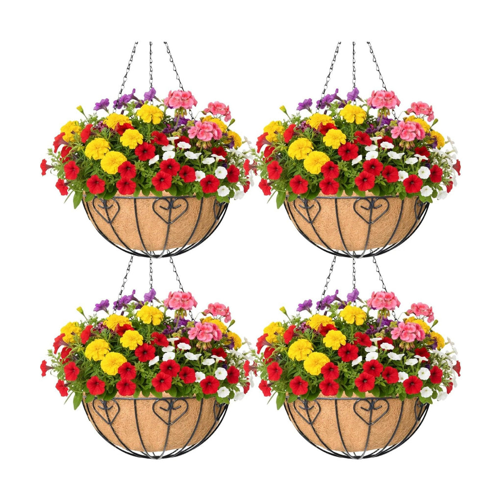 4 Pack 16 Inch Hanging Planters for Outdoor Plants, Metal Hanging Basket with Coco Coir Liner, Black, Modern