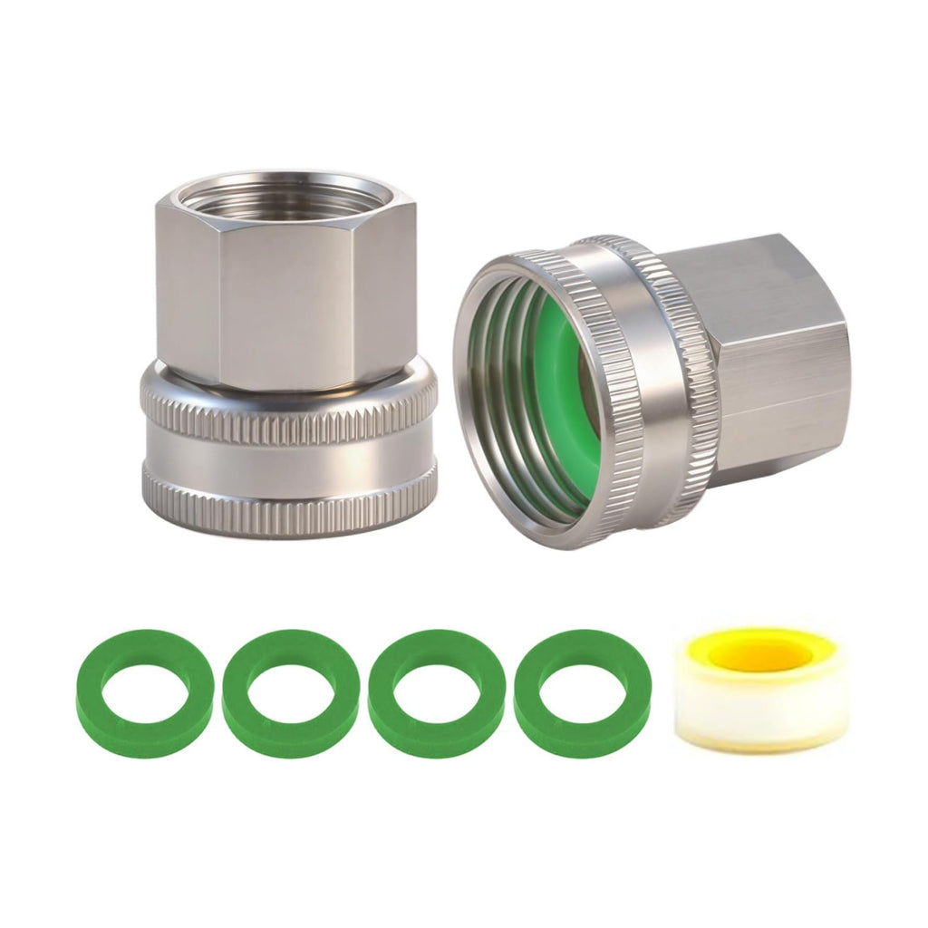 304 Stainless steel 3/4" GHT to 1/2" NPT Garden Hose Adapter, Lead-Free，Green Thumb Quick Swivel Connector Adapter ，Female to Female Hose Adapter（3/4"GHT x 1/2" NPT），hose connector，2 pack