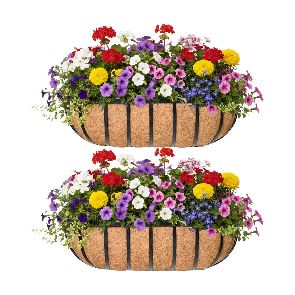 24“ Window Box Railing Planter with Coco Liner Metal Wall-Mounted Coconut Liner Planter Basket English Horse Trough
