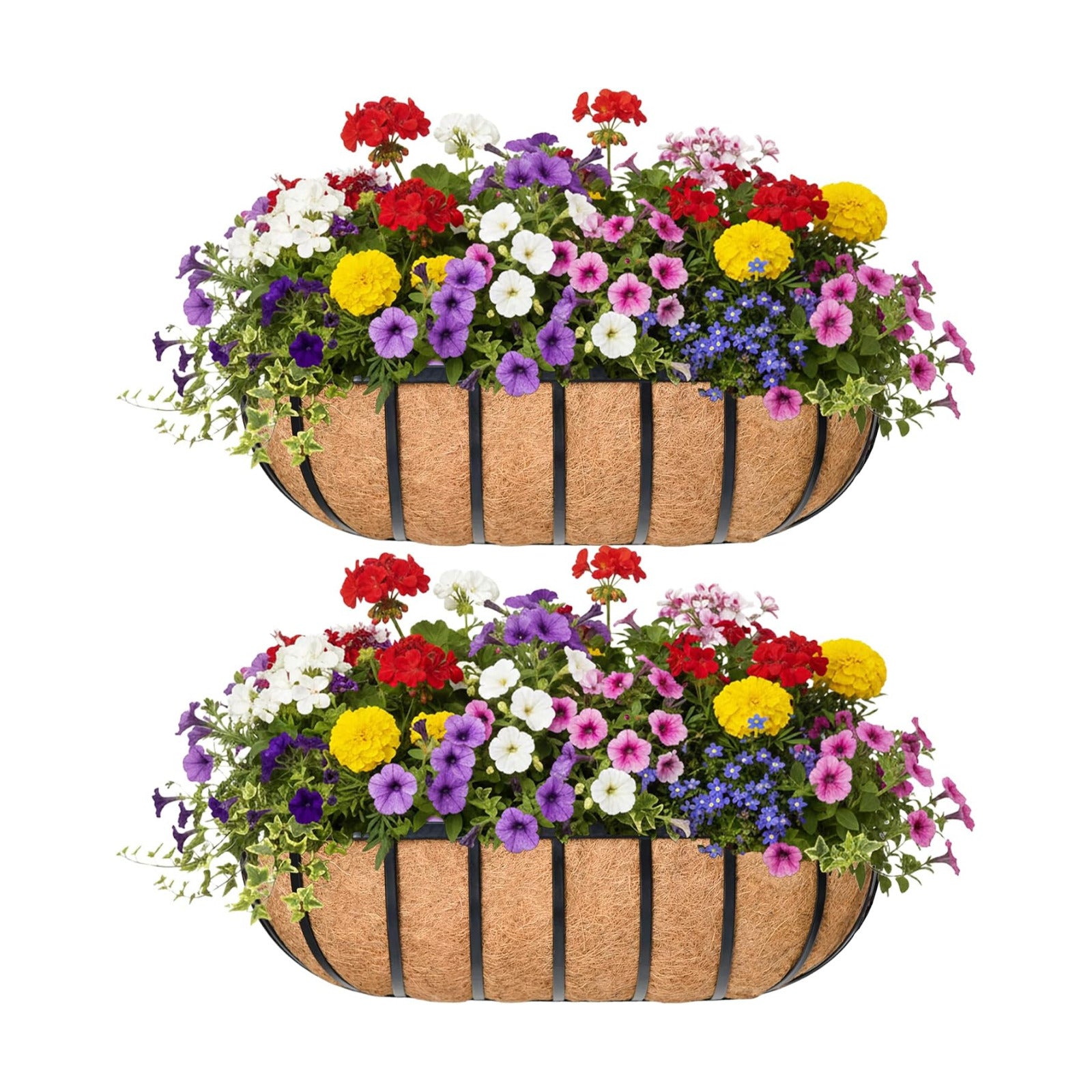 24“ Window Box Railing Planter with Coco Liner Metal Wall-Mounted Coconut Liner Planter Basket English Horse Trough