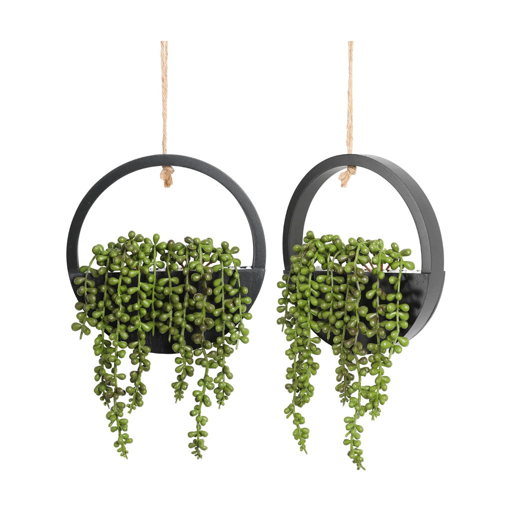 2pcs Artificial Succulents Hanging Plants 12.2'' Fake String of Pearls in Pot with 8.3'' Lanyard for Indoor Outdoor
