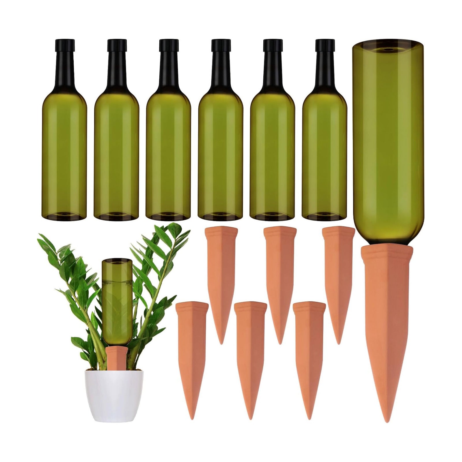 SiliFine 6 Sets Terracotta Watering Spikes,Emerald Green and Terracotta | 26 oz Bottles for Slow Release Watering, Self