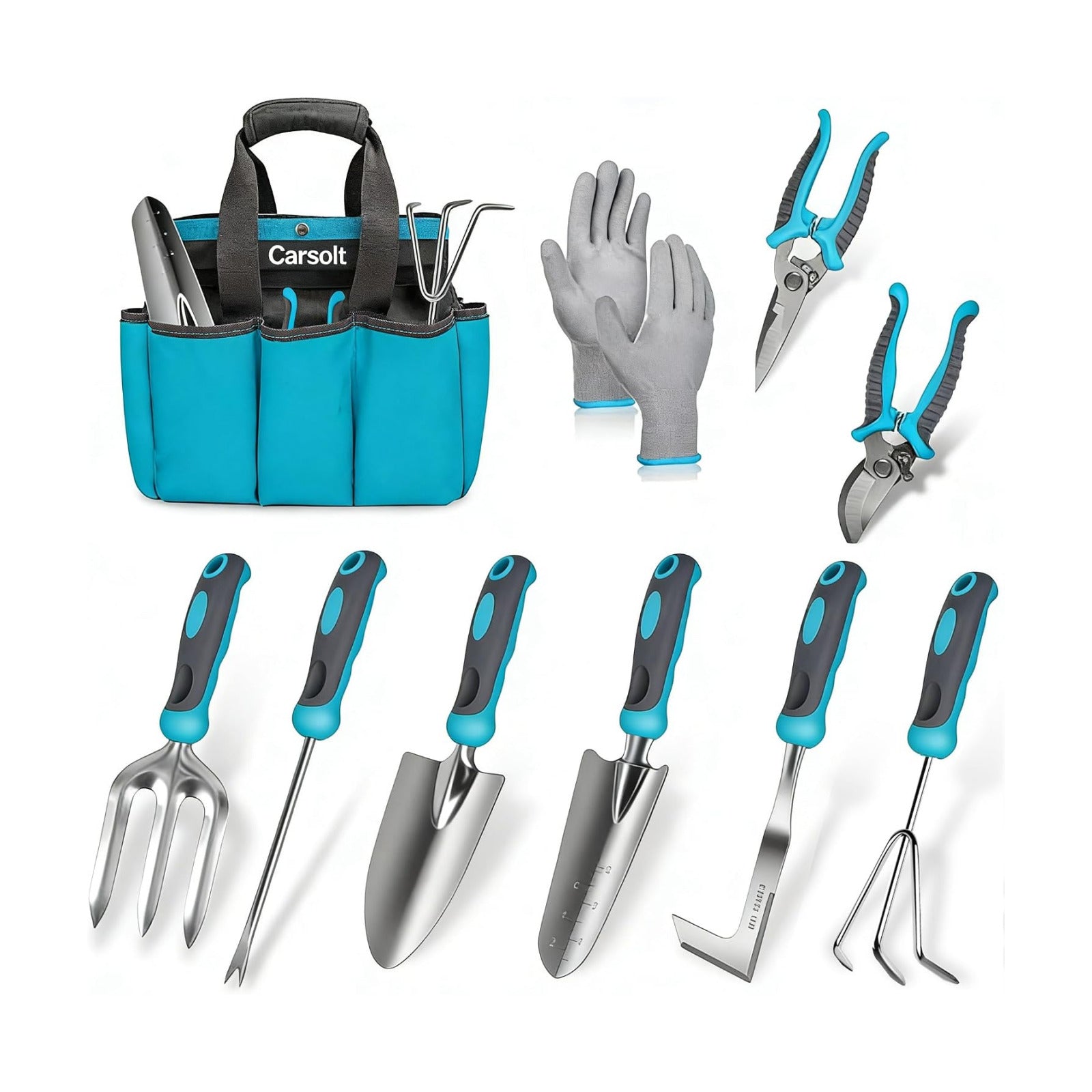 Gardening Tools, Carsolt 10 Piece Heavy Duty Stainless Steel Garden Tools Set with Ergonomic Rubber Handle. Variety of