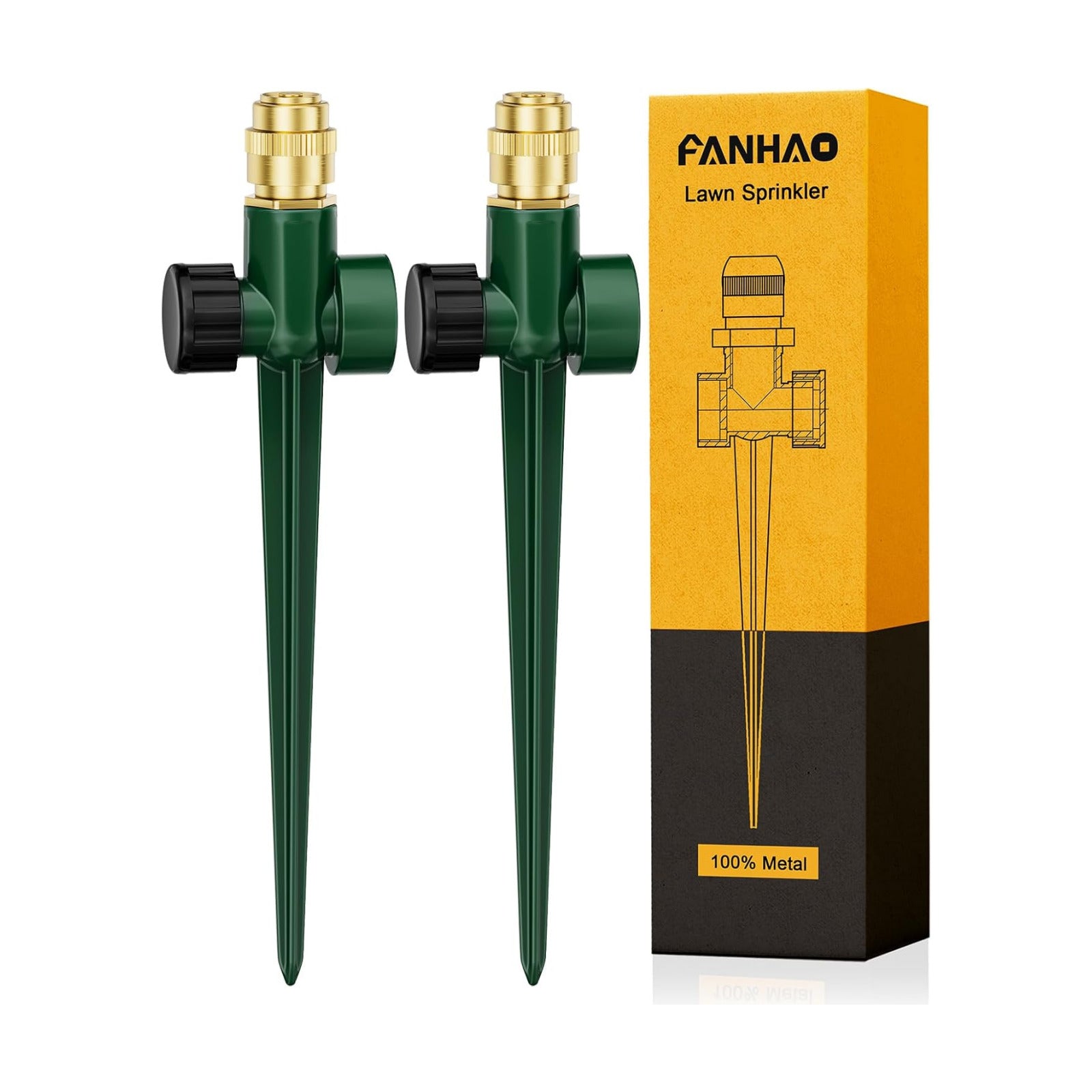 FANHAO 2 Pack Metal Lawn Sprinkler for Yard, Automatic Garden Water Sprinkler on Spike Base, Adjustable Irrigation