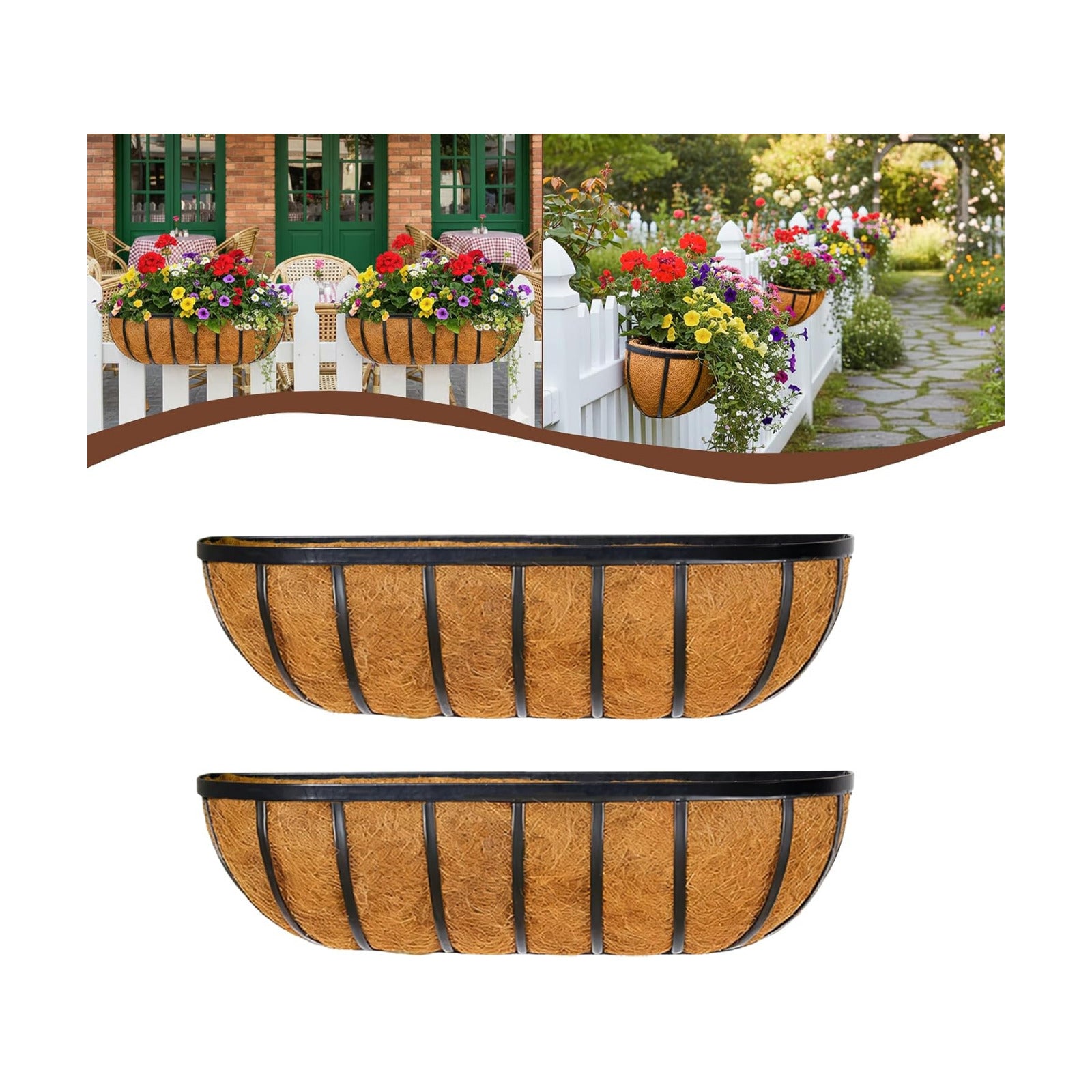 2 Pcs 24“ Railing Planter Window Box Deck Railing Planter Boxes with Coco Liner English Horse Trough Planters Metal