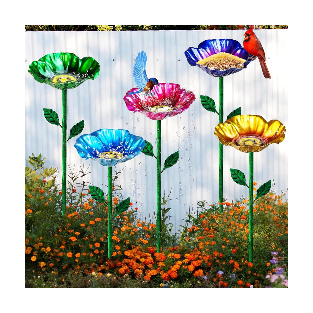 5 PCS Metal Bird Bath with Garden Stakes for Outdoor Yard Patio | Multicolor Flower Bird Feeders, Rust-Resistant Metal