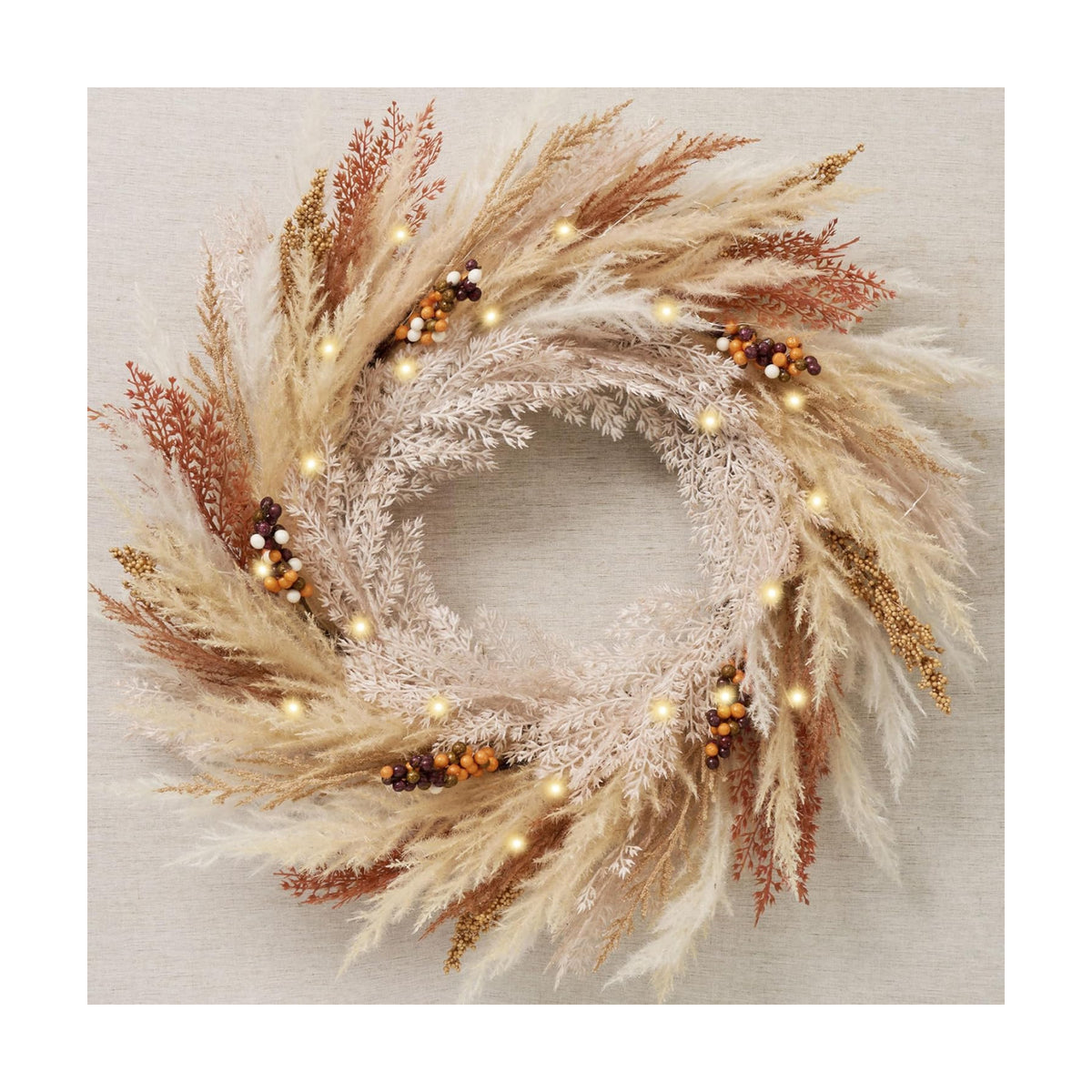DecorbyHannah 24'' Neutral Fall Pampas Wreath with Lights for Front Door