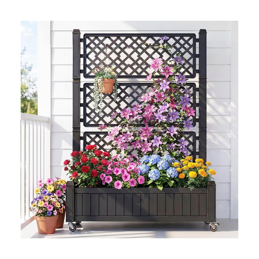 YITAHOME 43.3x17.7x61 in Planter Trellis Box with Wheels & Drain Plug, Outdoor Resin Raised Garden Bed for Climbing