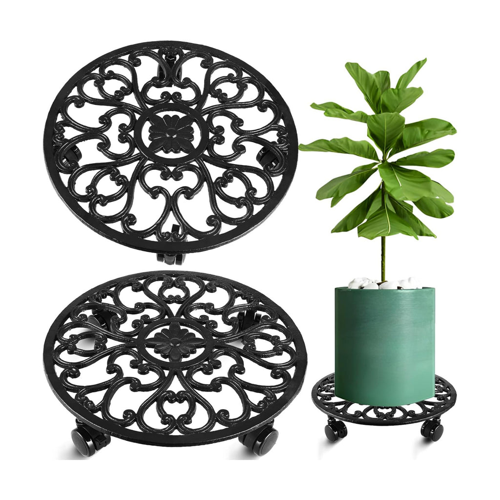 2 Packs 14 Inch Rolling Plant Stand with Wheels Metal Plant Caddy with Wheels Heavy Duty Round Plant Stand Indoor Iron